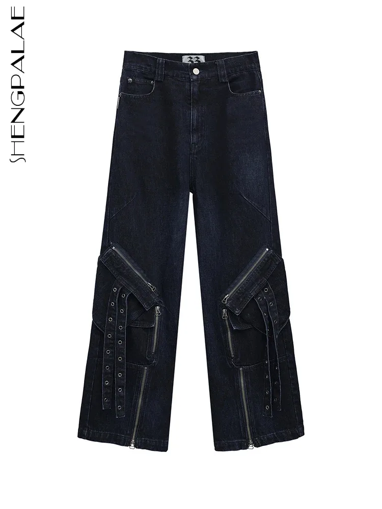 

SHENGPALAE Fashion Jeans For Women Winter 2023 New Zipper Pocket Patchwork Denim Straight Pants Female Wide Leg Trousers 5R8320