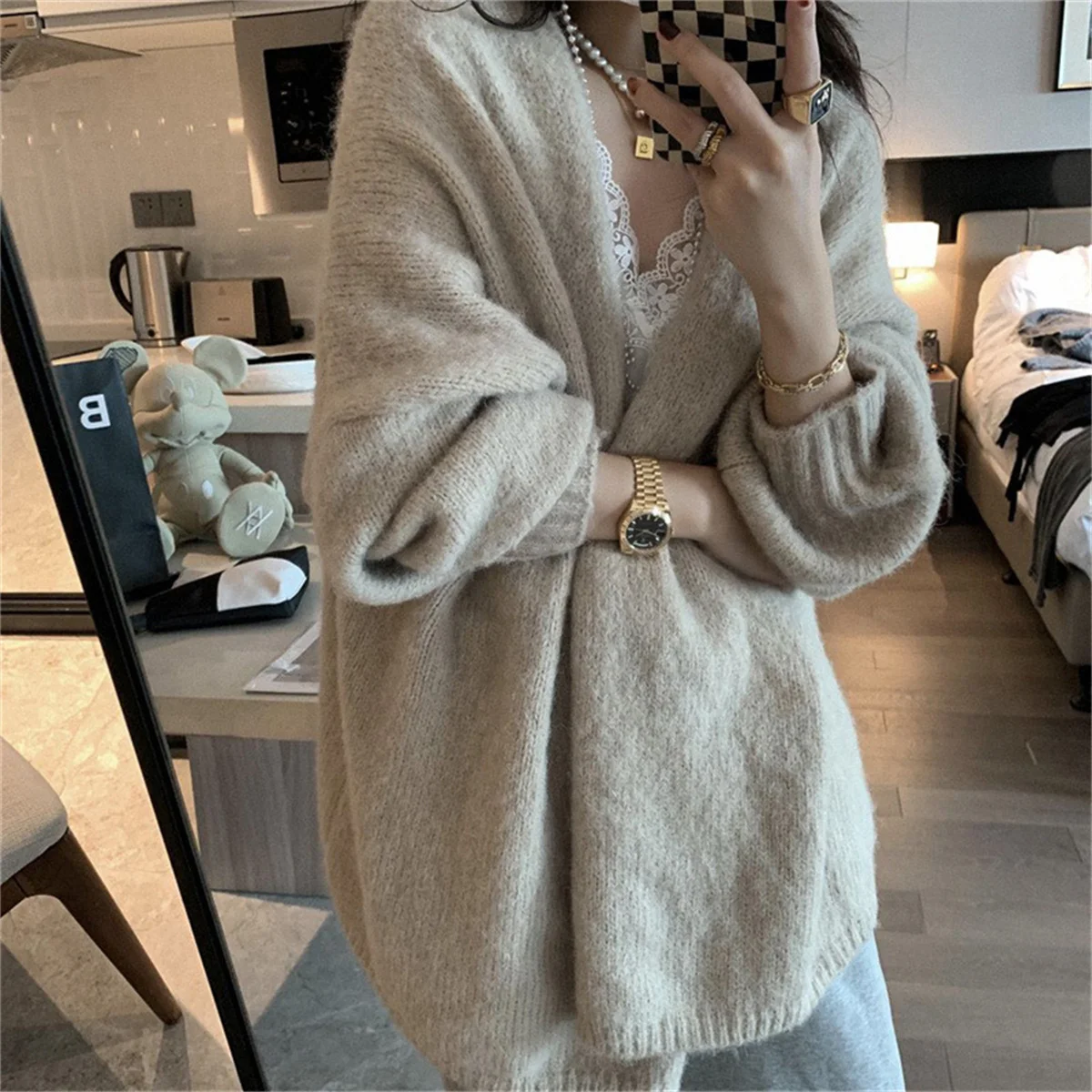 Women Fashion Knitted Cardigan Latern Sleeve Baggy Loose Sweater Coat Fall Winter Spring Coat Solid Chic Tops Casual Cardigans 3