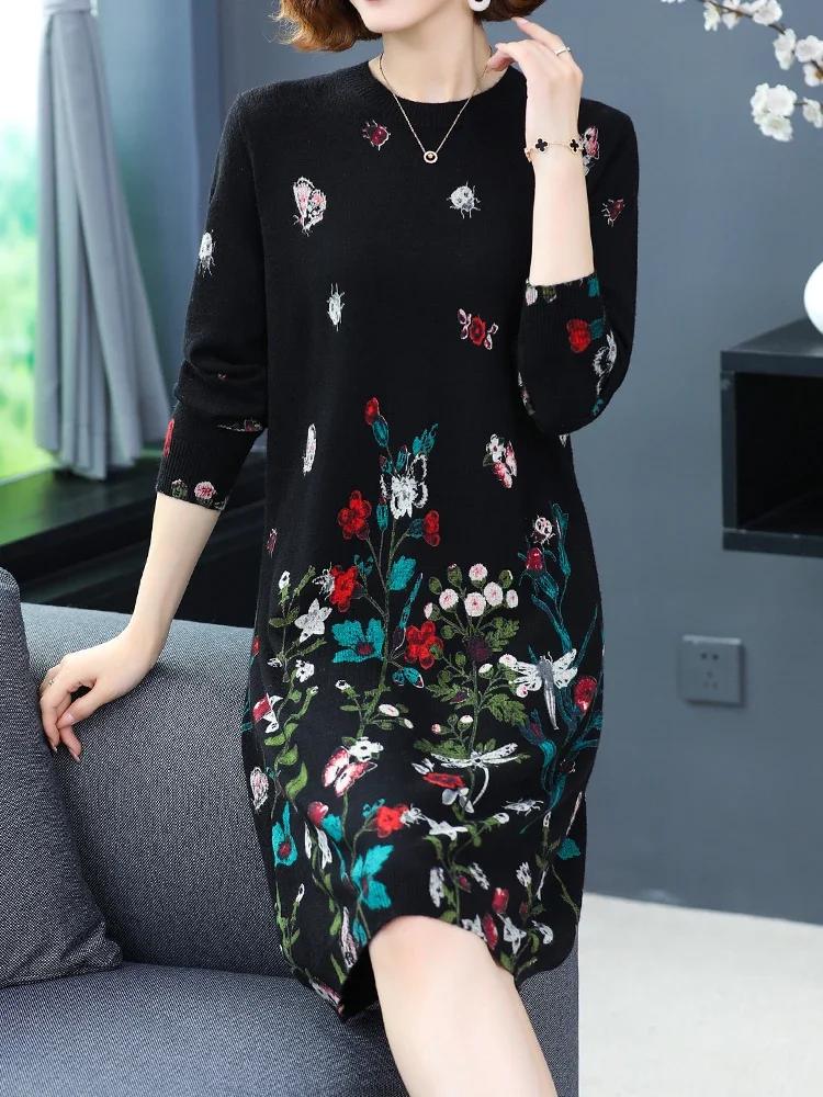 

Floral Print Long Sweaters Dress Spring Womens Clothes Long Sleeve Femme Pullover Elasticity Loose Sweater Women