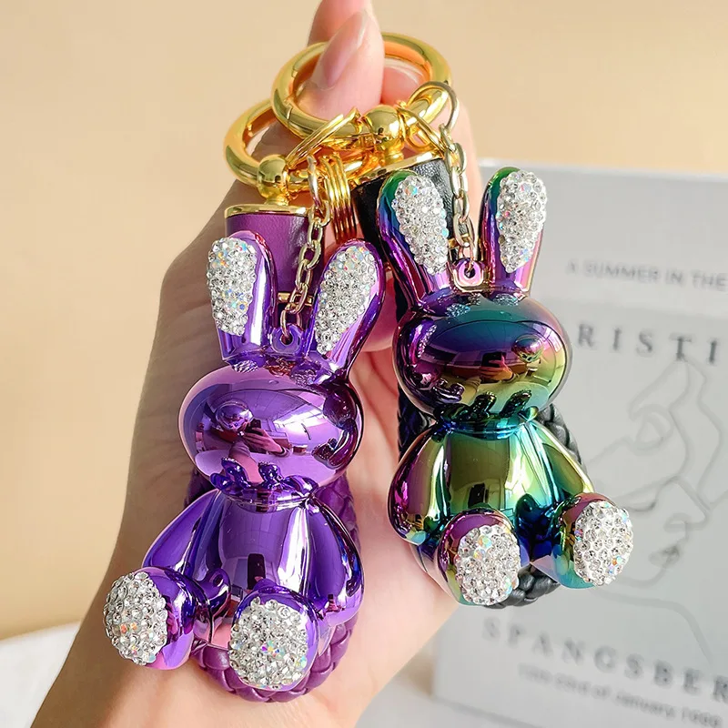 

rabbit plastic resin keychain Floral color electroplated rabbit keychain creative pendant Fashion diamond keychain bag pendant