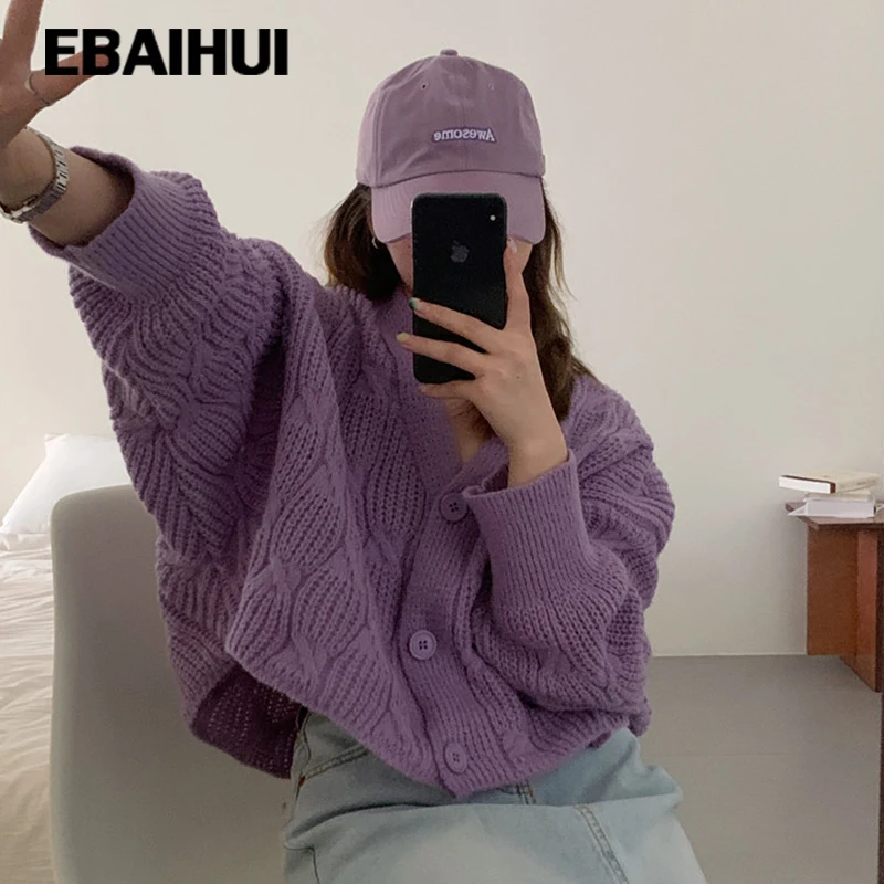 

EBAIHUI Sweater Women Short Loose Batwing Sleeves Retro Style Cardigan New Knitted Jacket Jumper Solid Ins Oversized Cardigans