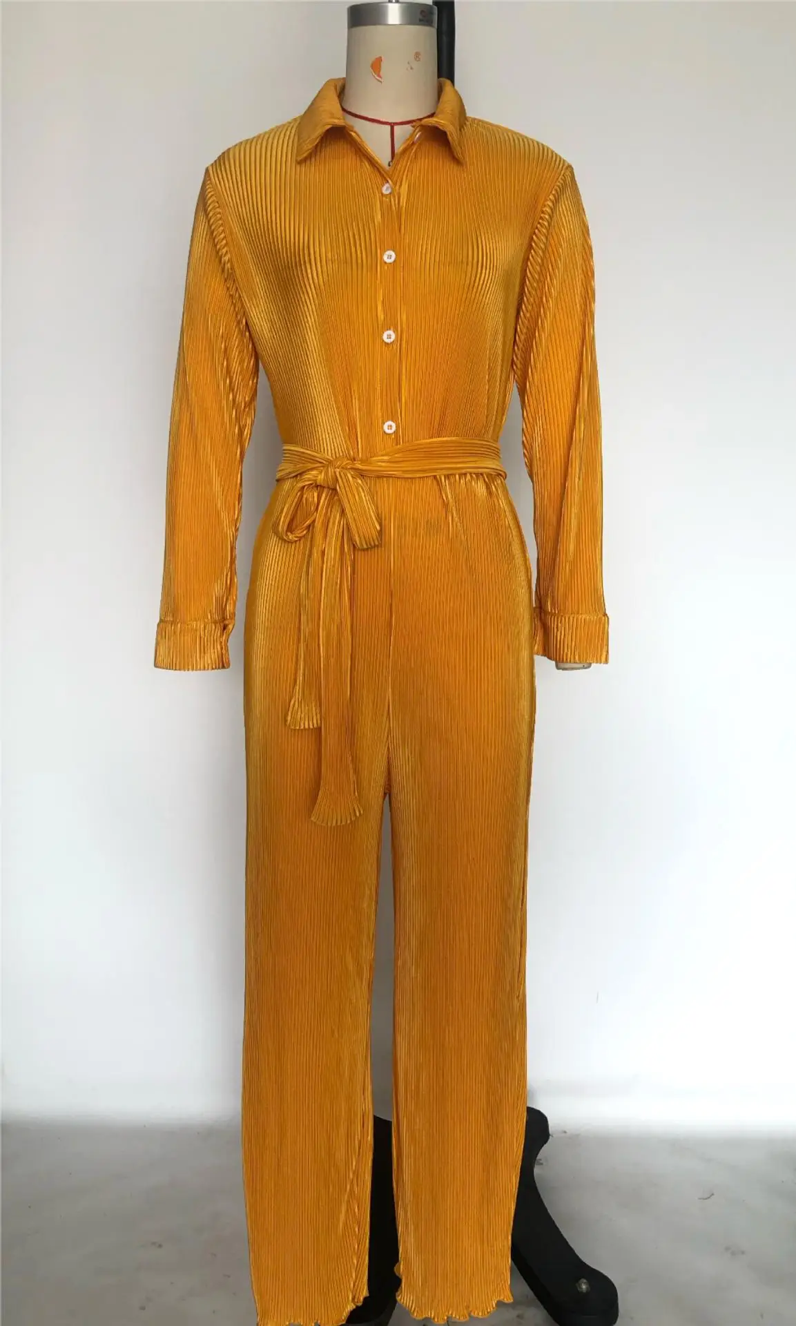 Women's suit Blouse Pleated Lapel Long Sleeved Wide Leg Jumpsuit One Piece Romper Outfits With Belt Solid color commuter suit