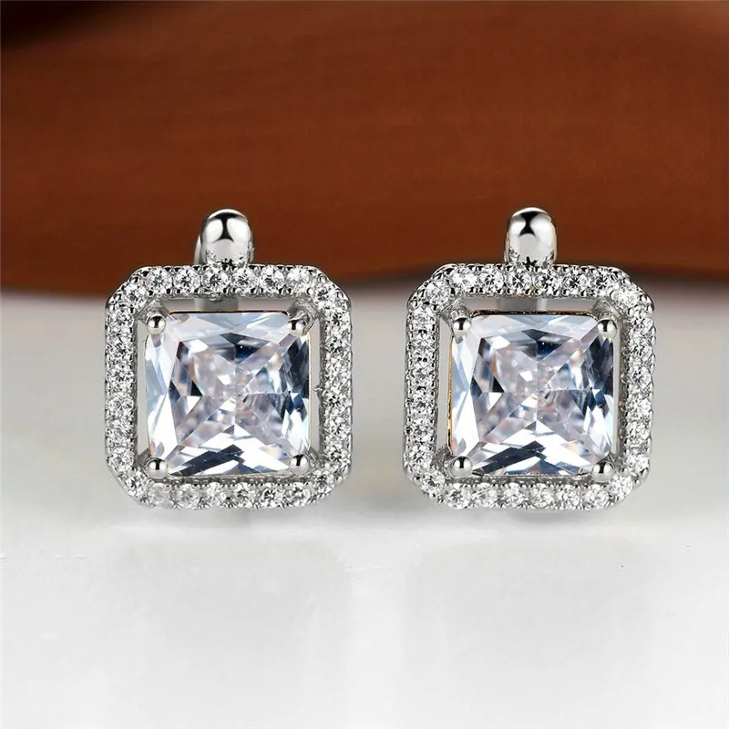 Luxury Female Green Square Zircon Stone Clip Earrings Charm Silver Color Wedding Jewelry For Women