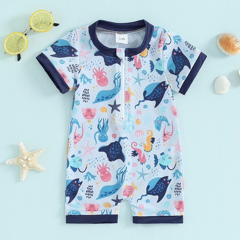 신생아 유아 소년 수영복, 공룡 문어 프린트, 반팔 집업 래시가드 수영복, 태양 보호 수영복