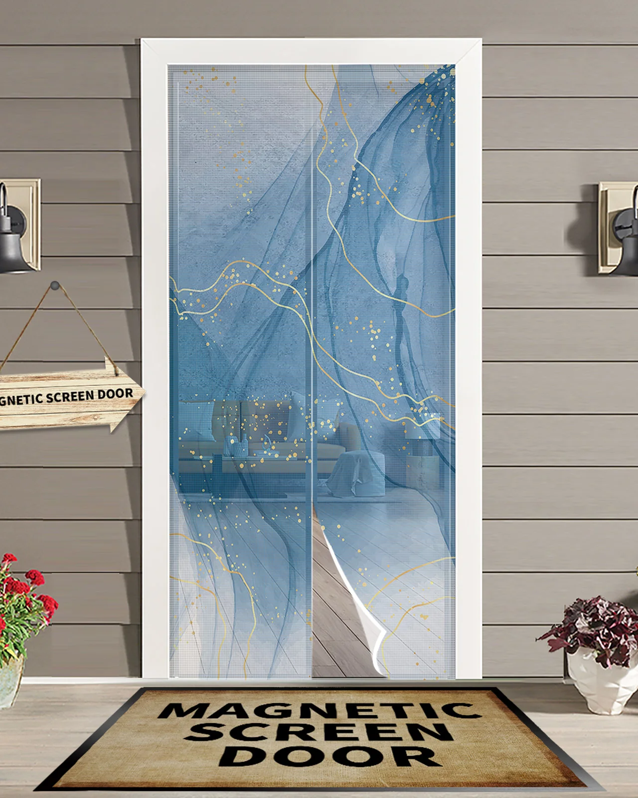 

Marble Line Blue Gradient Kitchen Curtain Magnetic Mosquito Net Curtains Summer Bedroom Anti Insect Door Curtain