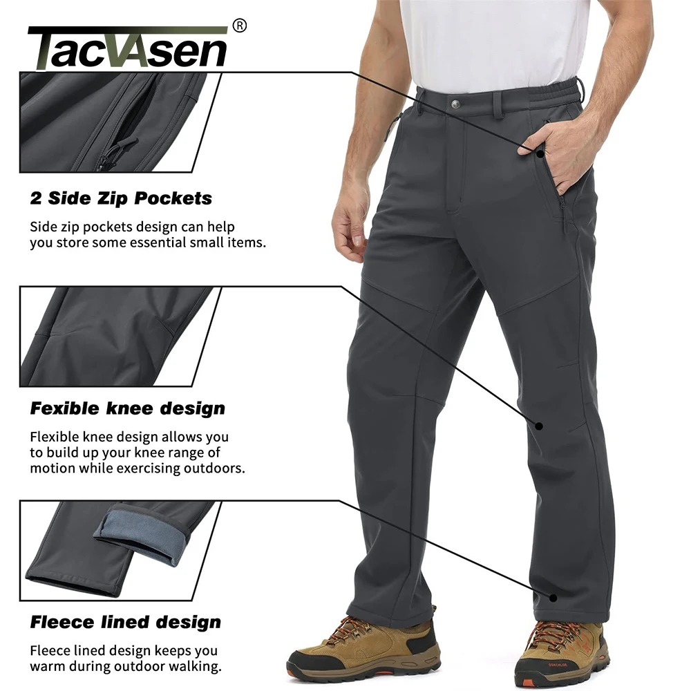 TACVASEN Men's Fleece Lined Thermal Straight Pants Warm Windproof Soft-shell Waterproof Working Outdoors Winter Casual Pants 3