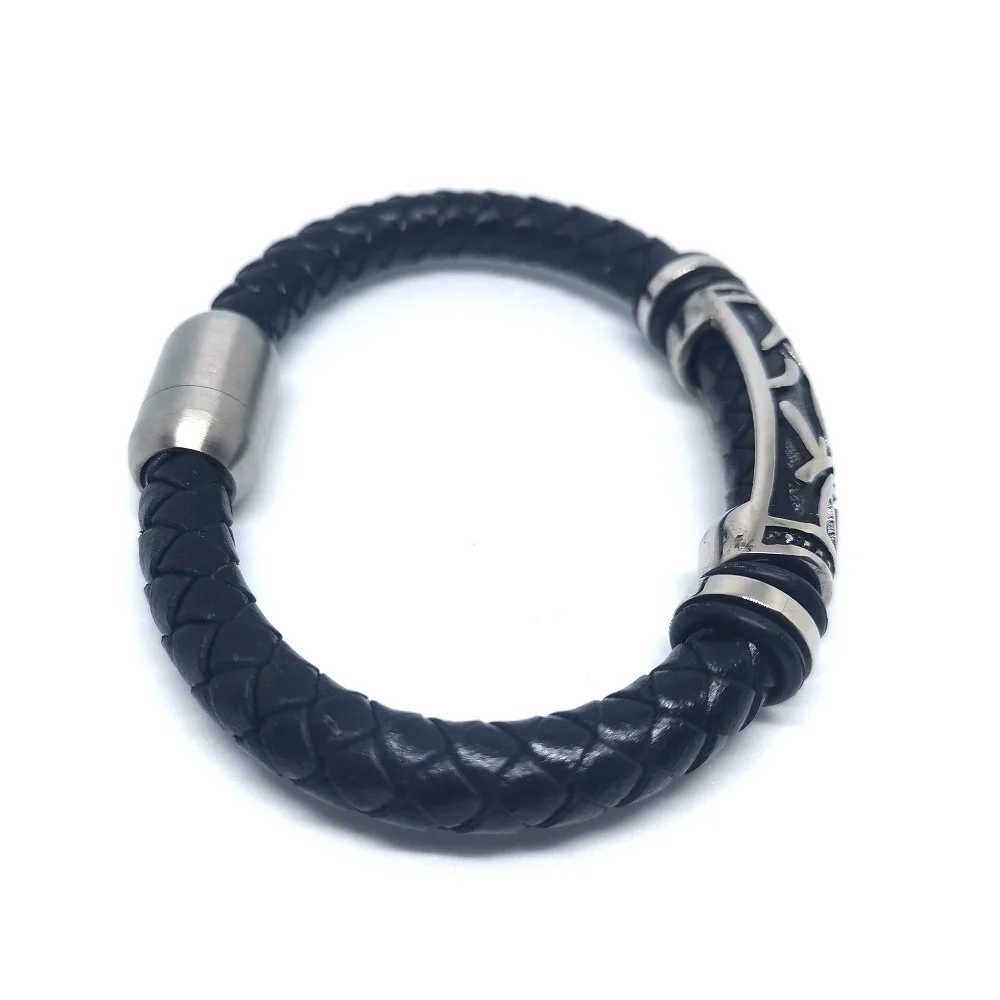 Megin D Stainless Steel Weaven Leather Motor Cycle Rider Retro Bangle Wrist Band Chains Bracelet for Men Women Gift Jewelry