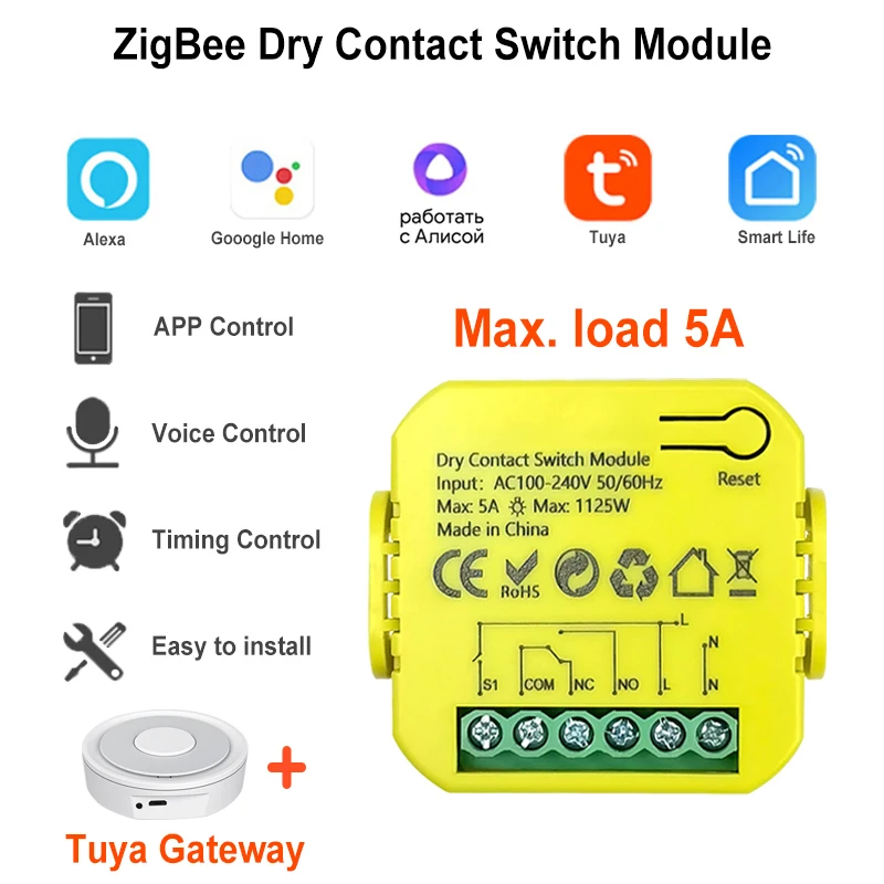 Tuya Smart ZigBee Dry Contact Switch Relay 5A Module App Remote Control Timing D