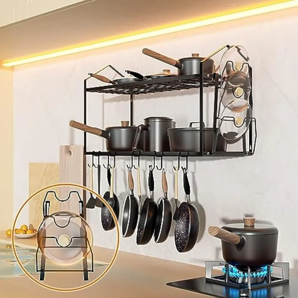 LADER 30Inch Wall Mounted Pot and Lid Rack, 2 Tiers Pots and Pans Organizer  for Kitchen Organization & Storage, Large