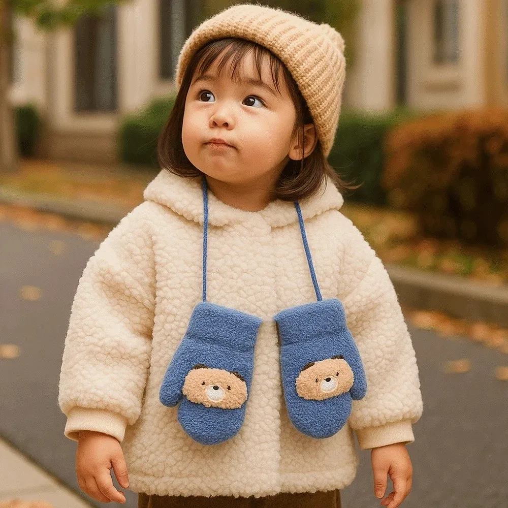 Warm Cartoon Baby Mittens Thick Anti Cold Hanging Neck Gloves Double Layer Children Gloves 1-3Year Girl Boy