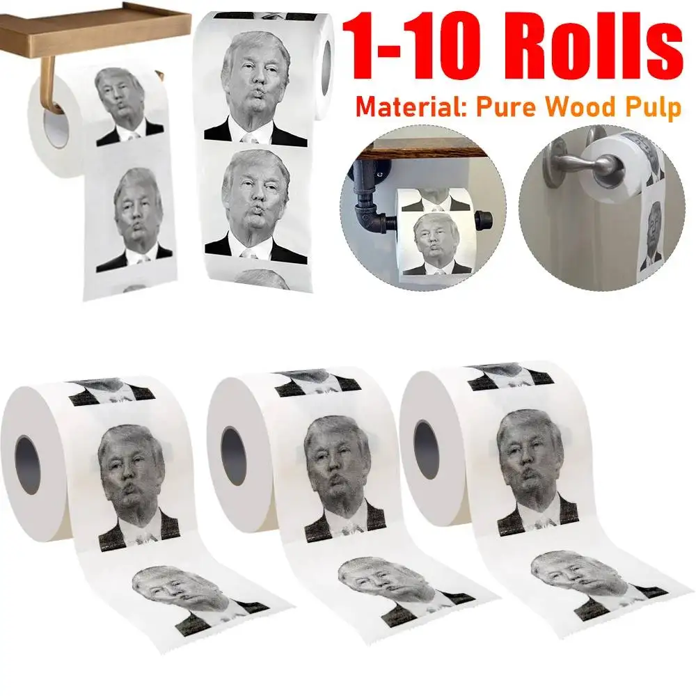Donald Trump Roll Tissue Joke Fun Paper Tissue Gag Non-fading Nontoxic Dustless Prank Creative Bathroom Toilet toilet paper 1-10 Rolls