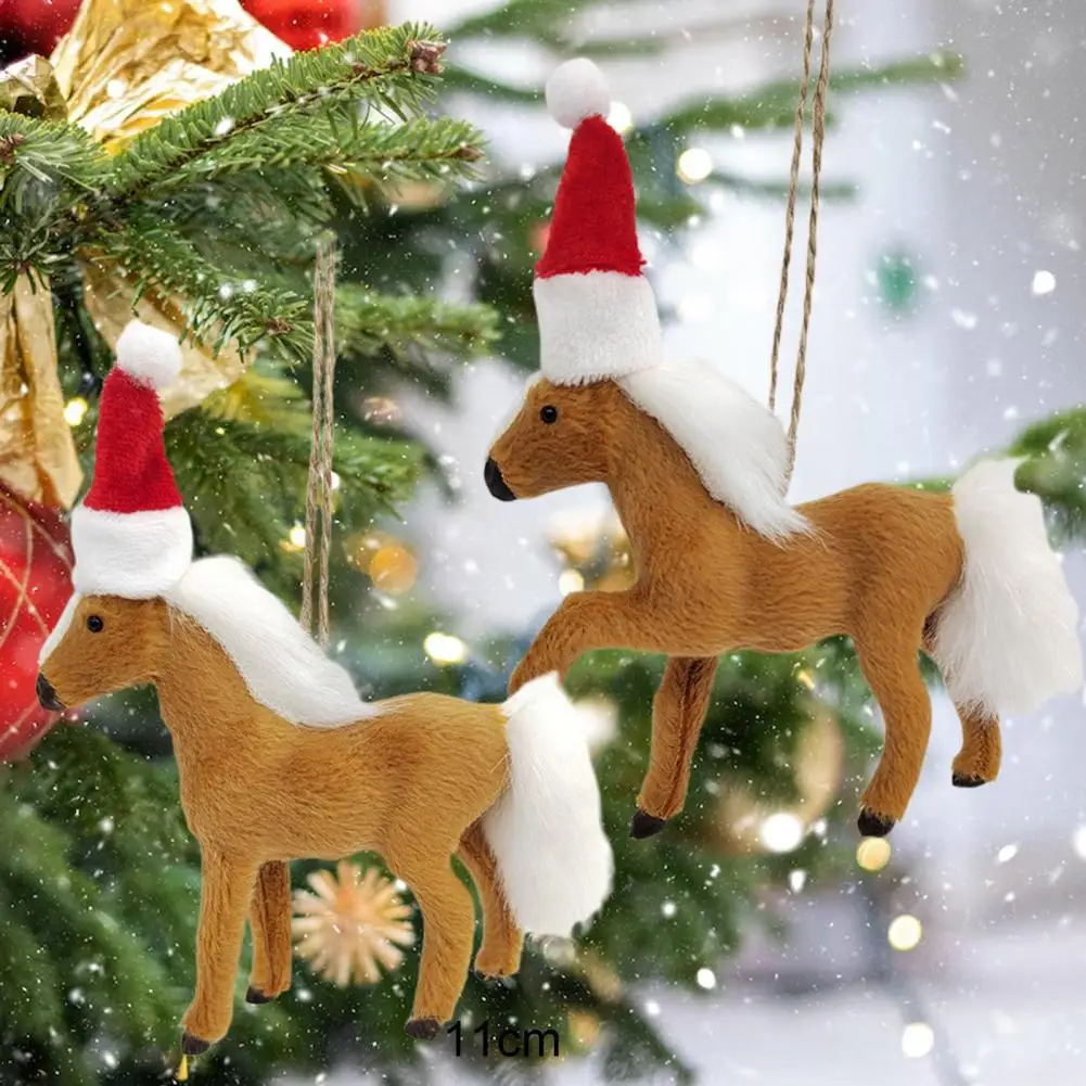 Horse Pendant Lovely Christmas Hat Simulation Animal Model Hanging Ornaments Faux Fur Horse Doll Christmas Tree Pendant Home Dec
