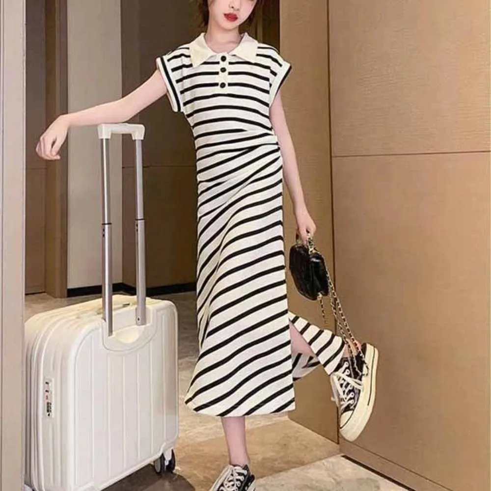 Princess Children Stripe Long Dress Skirt Short Sleeve Summer Kids Dresses Party Teenagers Girls Stripe Dress Students