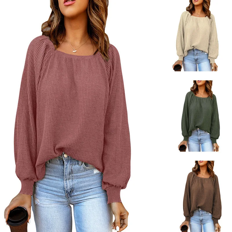

Women's Shirt 2023 Spring and Autumn Fashion New Solid Color Square Neck Loose Casual Knit Top Female