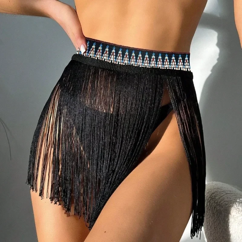 Women's High Waist Fringe Tassels Mini Beach Skirt Black Solid Summer Ladies Girls Party Pu Rock Clubwear Sexy Skirt