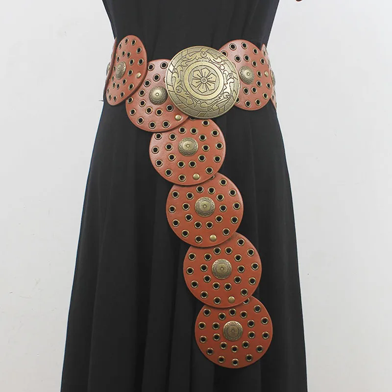 

Роскошные винтажные ремни из искусственной кожи с круглыми звеньями для женщин, широкие пояса, ажурные ремни с заклепками для платья, рубашки, корсета, женские ремни