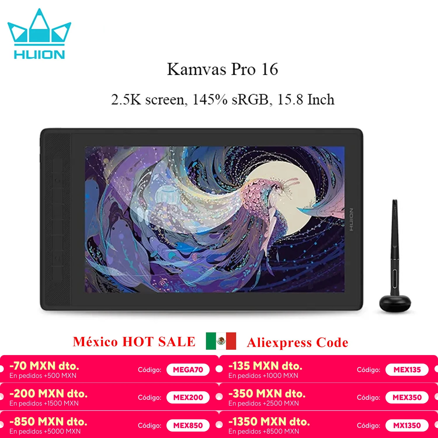 HUION Kamvas Pro 16 2.5K Drawing Monitor 145% sRGB QHD Screen Graphics Tablet Display 15.8 Inch Full Laminated Battery Free Pen