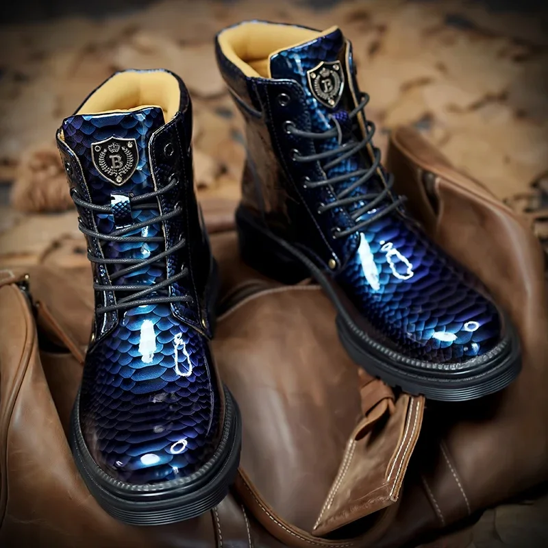 Men Boots Leisure Leather Short Shoes Ankle Round Toe Snake Pattern Shoes dress shoes men designer chaussure zapato homme