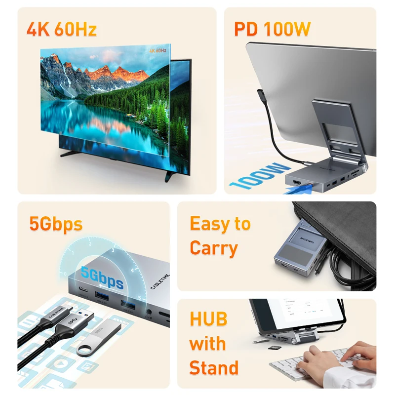 CABLETIME 8 IN 1 USB C 허브(IPad Pro 안드로이드 태블릿 C503용 접이식 스탠드 포함)