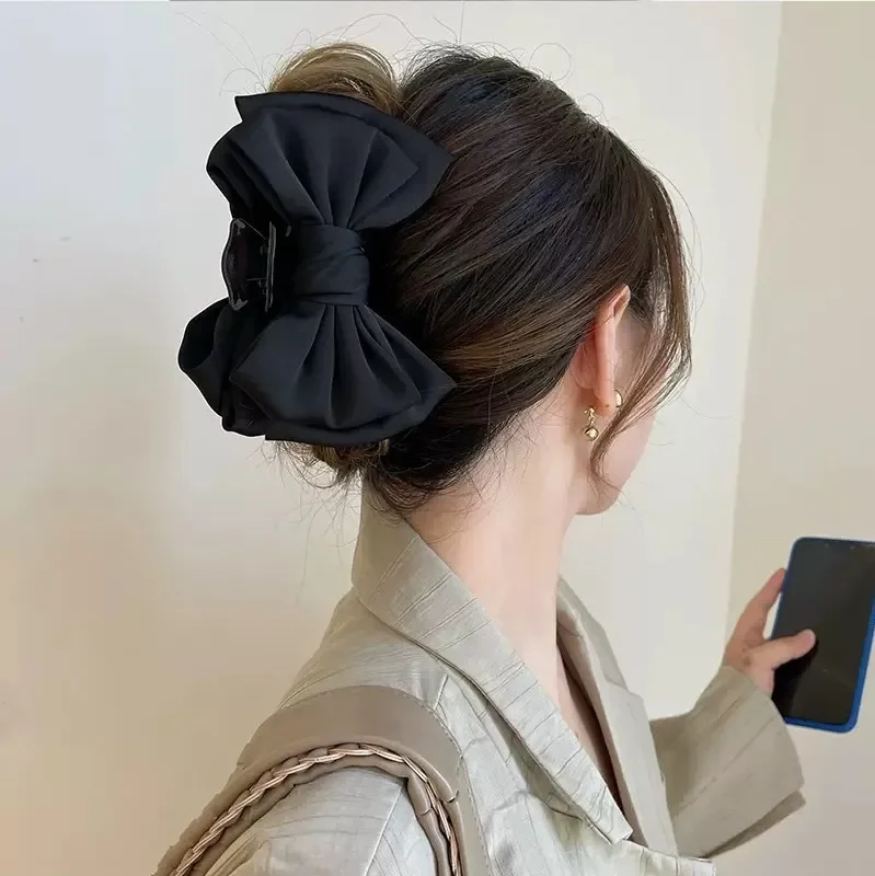 Elegant Women Bow Hair Claw Clips Double-sided Large Satin Shark Hair Claw Solid Bowknot Hairpins Barrettes Hair Accessories elegant women bow hair claw clips double sided large satin shark hair claw solid bowknot hairpins barrettes hair accessories