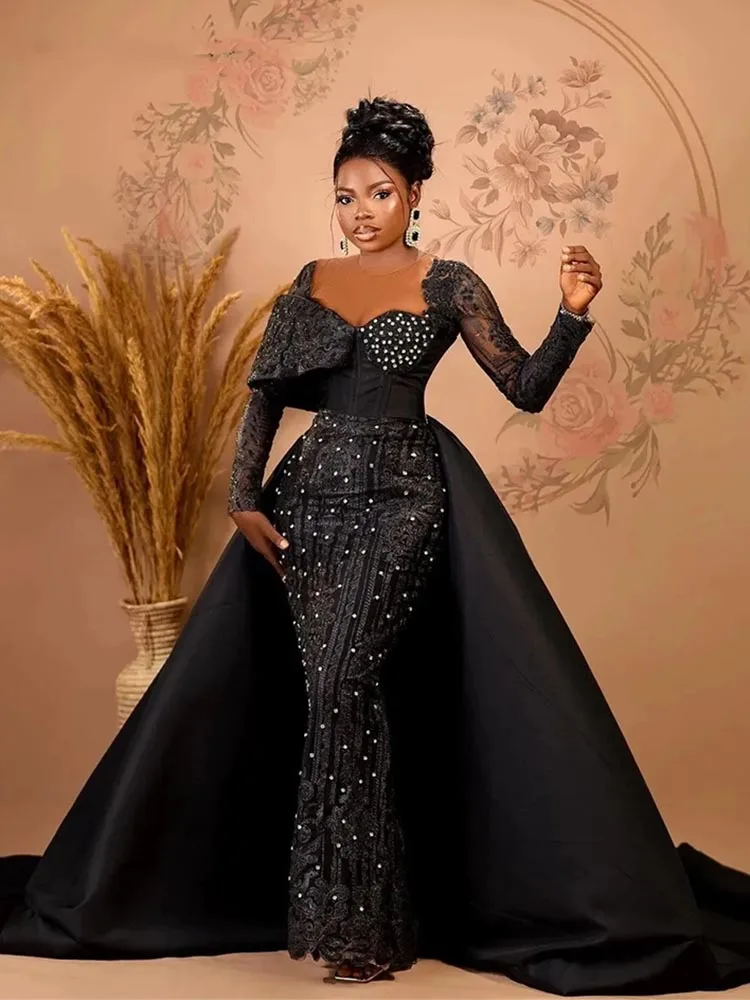 

Luxury Black Mermaid Evening Dresses With Overskirt For African Women Long Sleeves Formal Beaded Prom Party Gowns