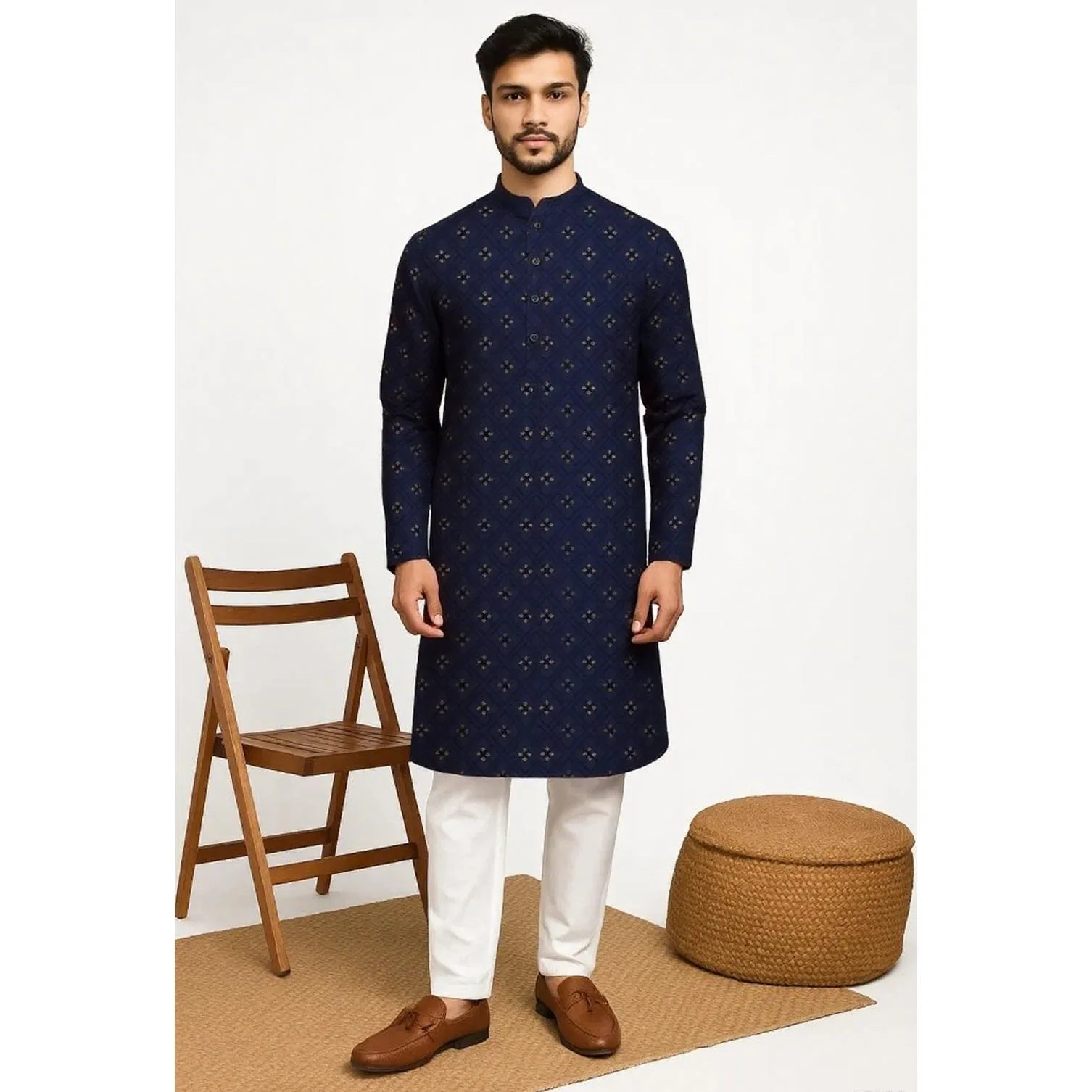 Stehkragen Muslimisches Hemd Herrenkleidung Folk Kaftan Musulman Kurta Indische islamische Kleidung Nationaler bedruckter nationaler Stil – Detail 8