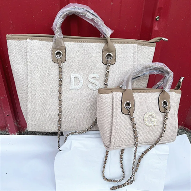 Personalised Initials Name Shoulder Tote Bag, Women's Handbag, Beach Canvas Hand Bag  Honeymoon Gifts For her, Chain tote bag
