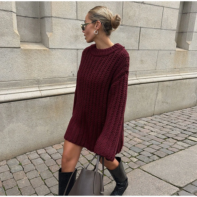 Casual Knitted Solid Mid Long Sweaters Women Loose O-neck Long Sleeve Dark Red Pullover Sweaters Female Autumn Chic Street Tops
