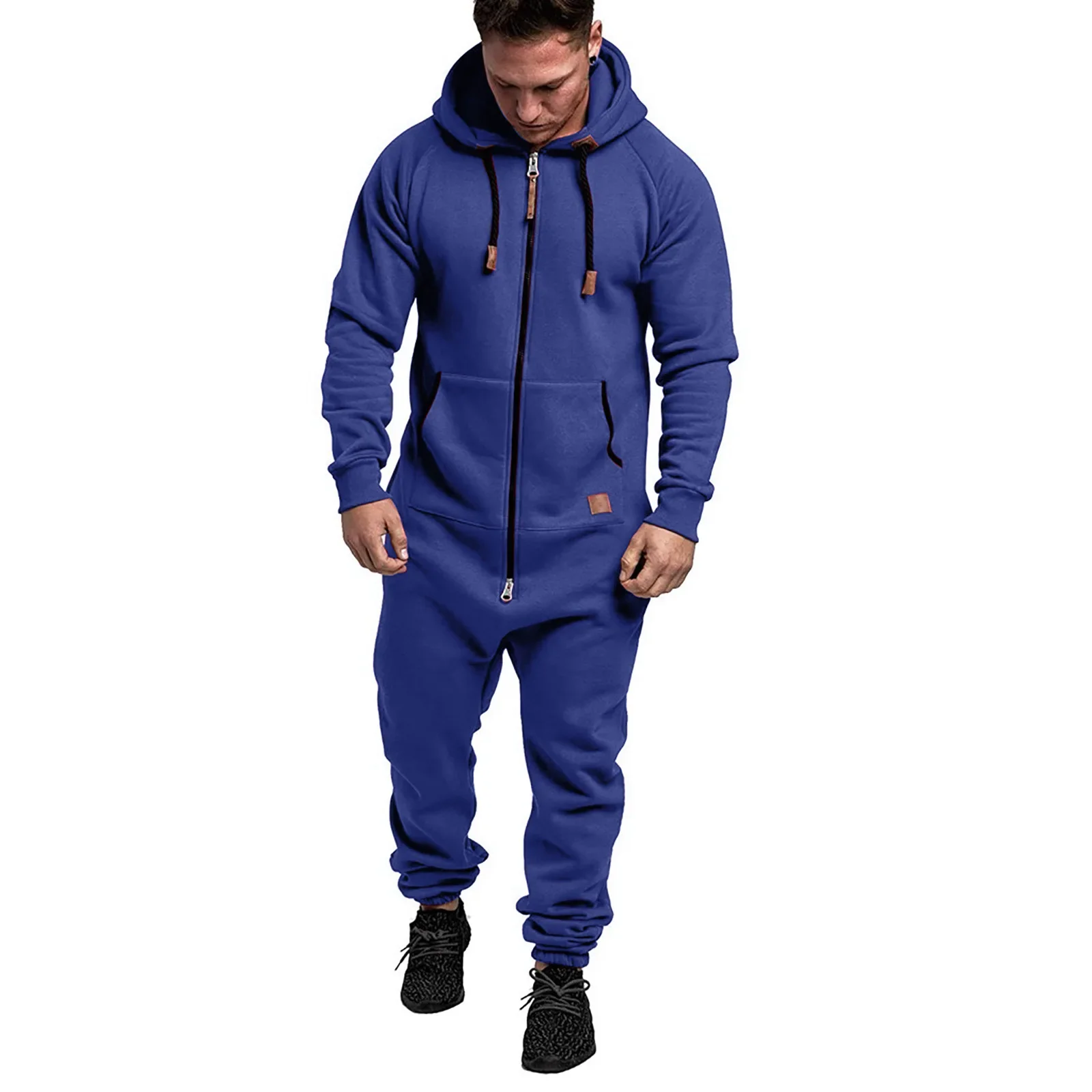 Men Jumpsuit Solid Long Sleeve Hooded Thick Playsuits Male Zipper Hoodies Romper Autumn One Piece Sets Casual Straight 3