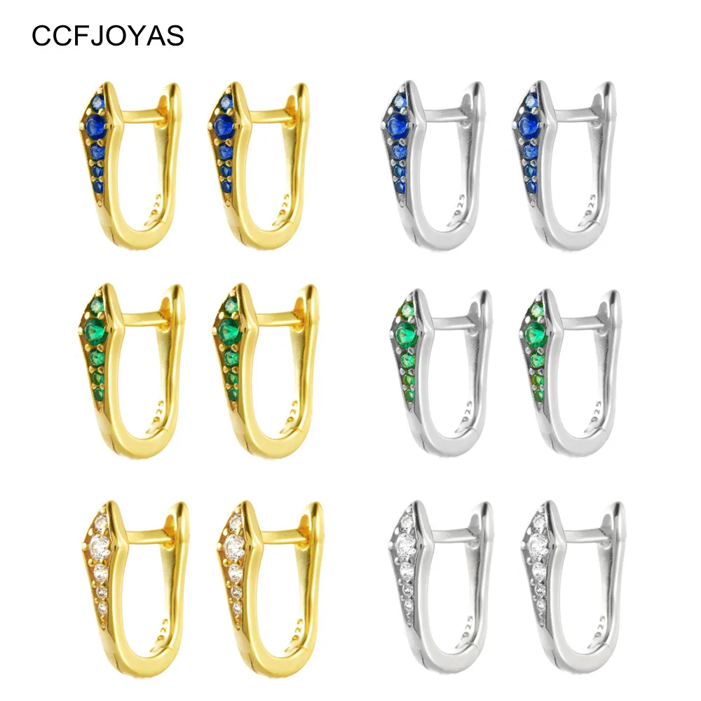 

CCFJOYAS 925 Sterling Silver U-shaped Snake Hoop Earrings for Women White/Blue/Green Zircon French Light Luxury Piercing Earring