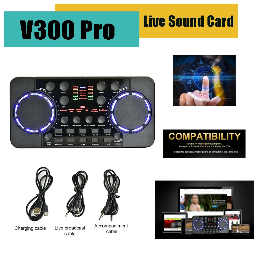 V300 Pro 라이브 스트리밍 사운드 카드, 블루투스 호환 4.0 오디오 인터페이스 믹서 Mezclador용, DJ 음악 스튜디오 노래방용