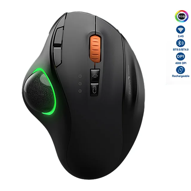 Wireless Bluetooth Trackball Mouse 2.4G RGB Ergonomic Rechargeable