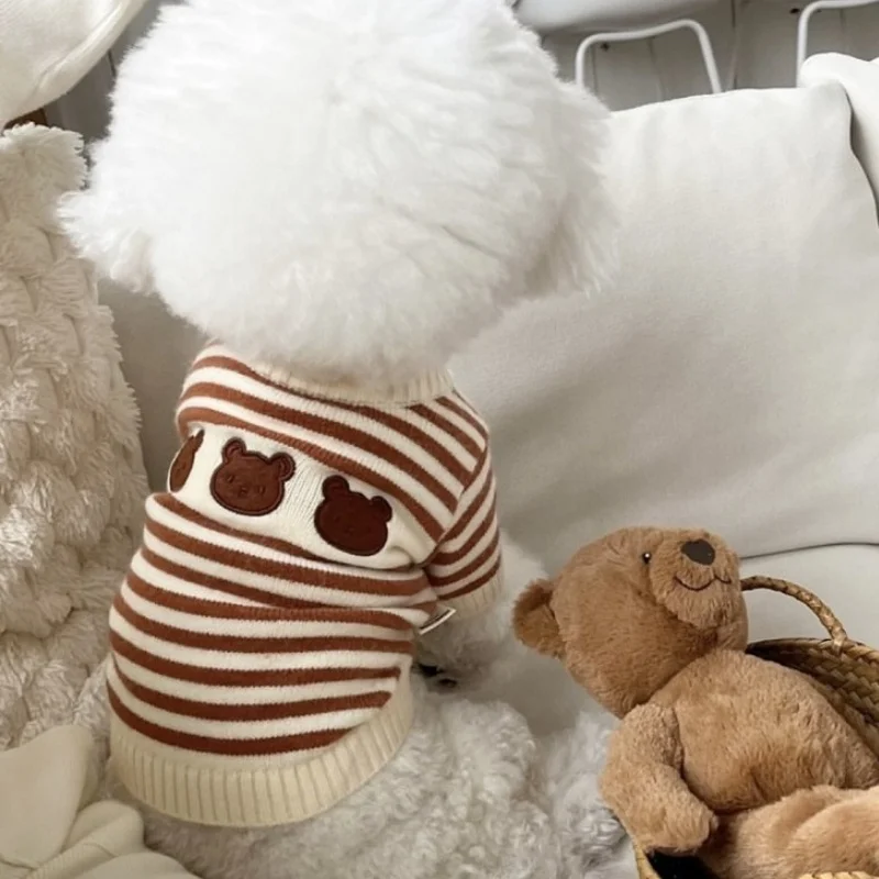 귀여운 줄무늬 개 옷 곰 인쇄 개 스웨터 겨울 따뜻한 강아지 니트 터틀넥 패션 고양이 풀오버 애완 동물 스웨터 의상