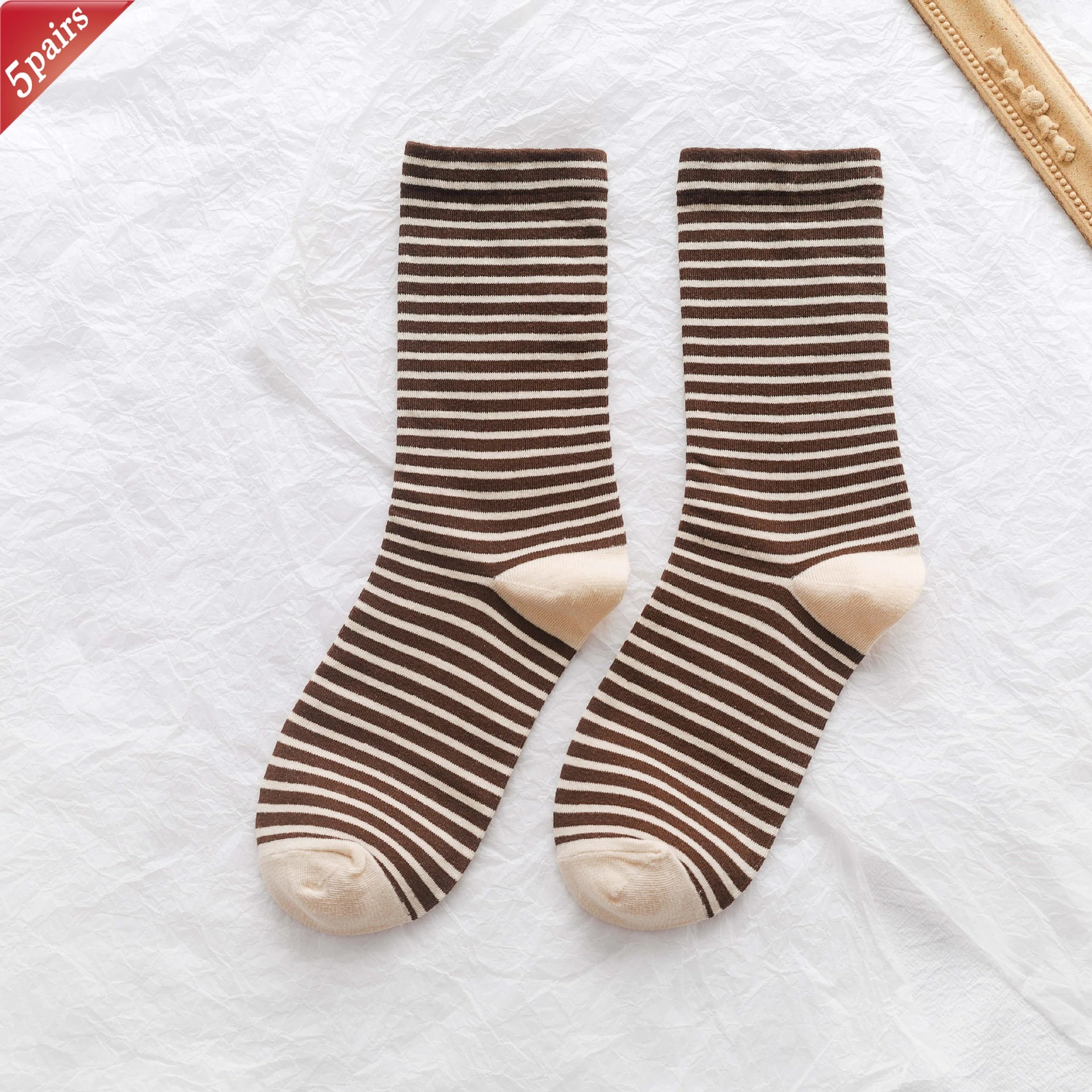 Women's Korean Comfort Cotton Socks - Striped Contrasting Color Mid Tube, 5 Pairs Set