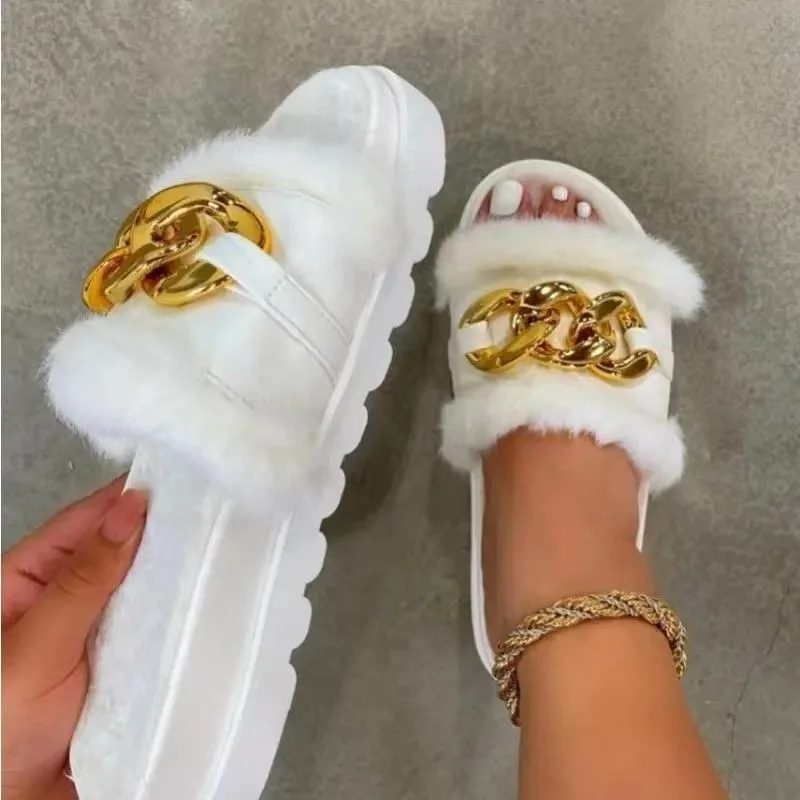 

2023 Luxury New Large Size Women's Slippers Retro Metal Buttons Square Head Flat Sandals and Chains Summer Slippers Women 35-43