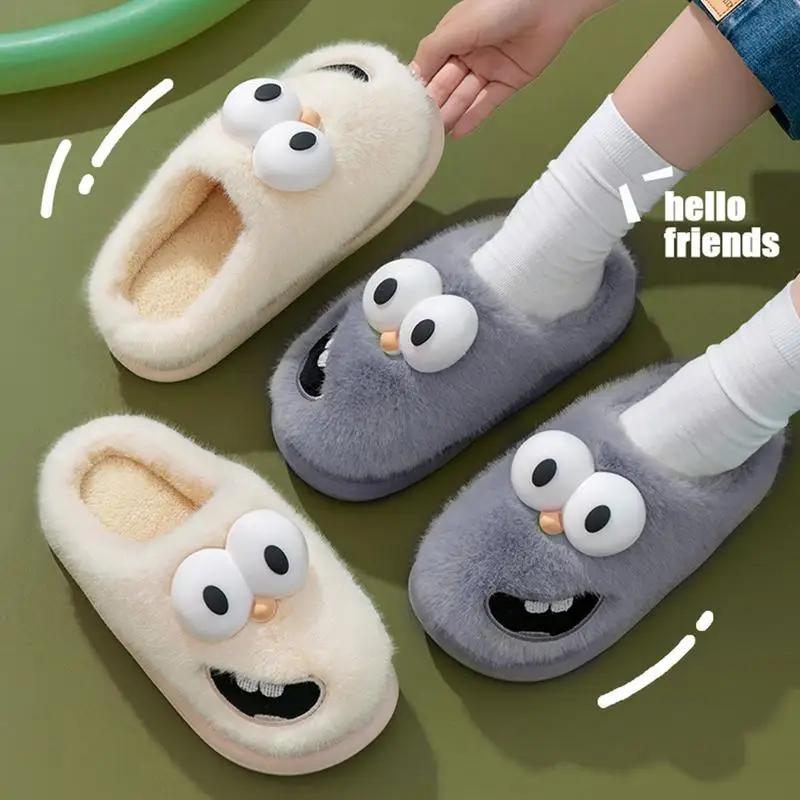 Furry Slippers For Women Plush Fuzzy Slip On Winter House Slippers Expression Warm Bedroom Shoes Cute 3D Cartoon Fluffy Slipper