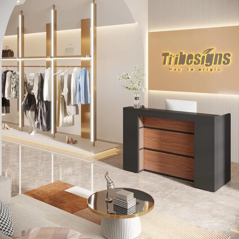 Modern Reception Desk with LED Lights, 63 Inches Front Counter Table for Reception Room, Lobby, Beauty Salon, Retail 5