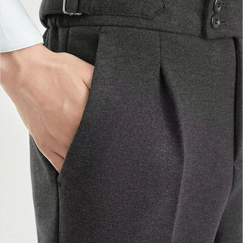 Fashion Naples Suit Pants Men England Style High Waist Business Straight Slim Trouser Autumn Winter Woolen Vintage Gurkha Pant 5