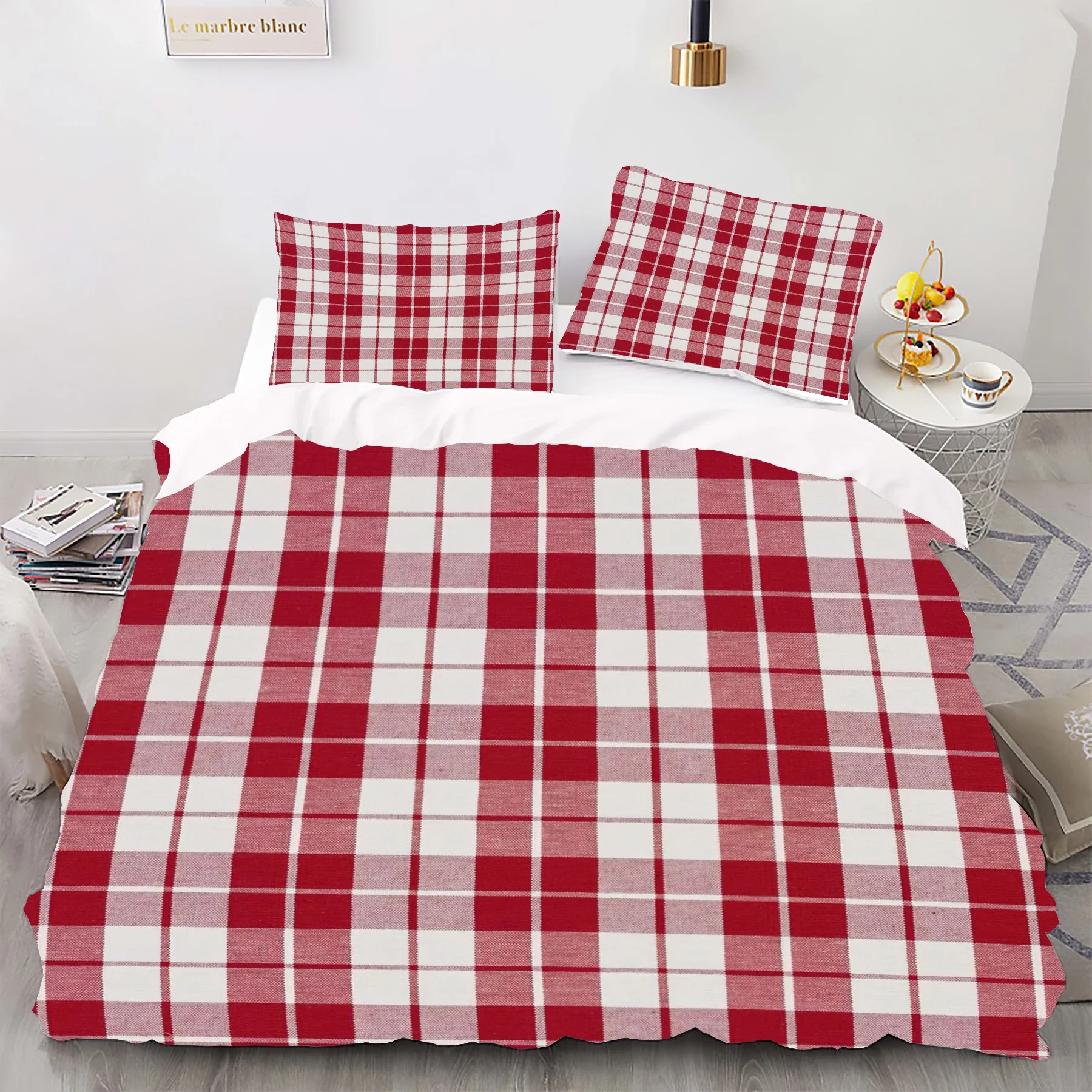 Red Plaid style Digital Printed Duvet Set - Polyester - Bedroom Decor -1 bed cover +2 pillowcases (no pillow core)