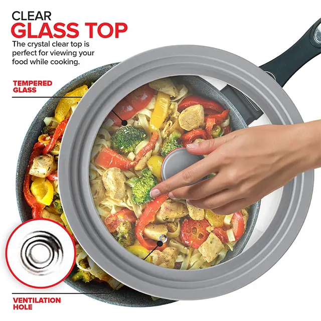 Coperchio Universale In Vetro Temperato Con Bordo In Silicone - Adatto Per Pentole Da 24, 26, 28 Cm - Resistente Al Calore - Foto 5