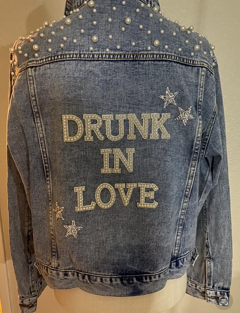 BRIDE Rhinestone and Pearl Denim Jacket Custom Mrs. Jean Jacket Wifey Denim Personalized Bridal Wedding Jacket Bride to Be Coats