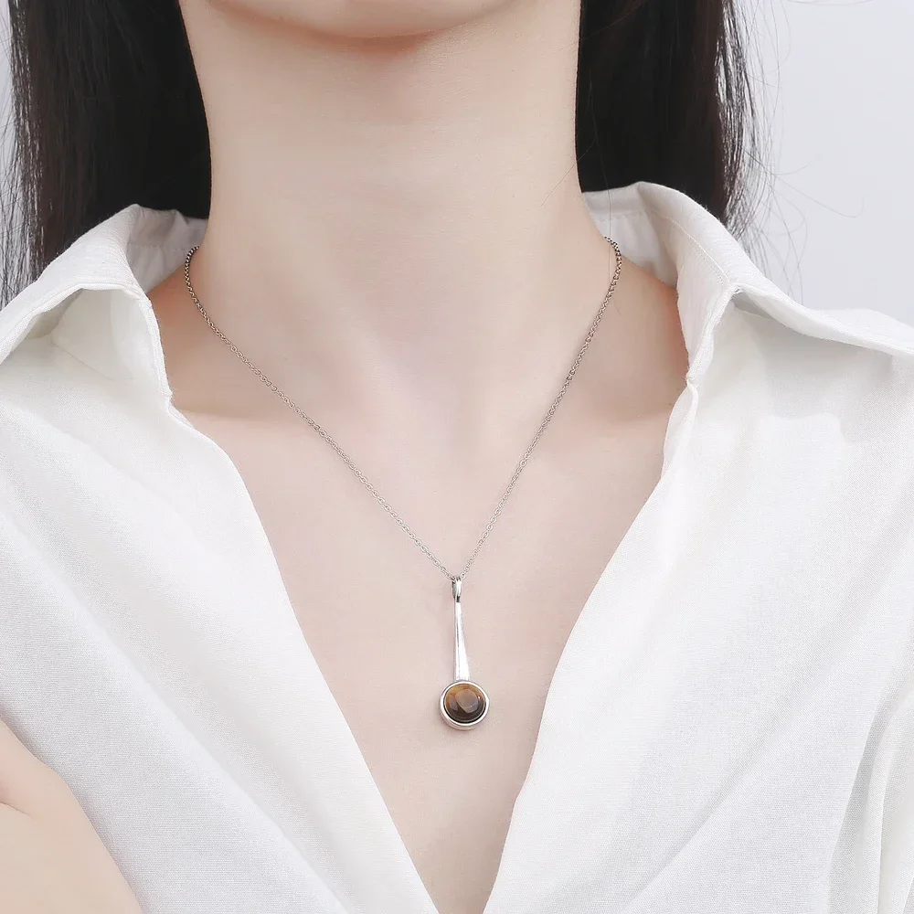 925 Sterling Silver Long Pendant Necklace Natural Tiger Eye Rhodochrosite Necklace for Women Wedding Engagement Gifts Jewelry