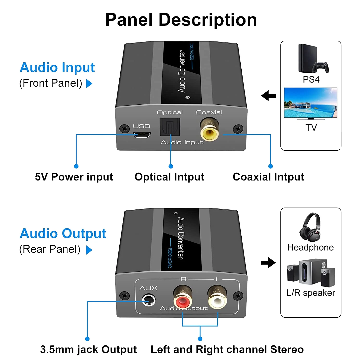 Optical to RCA Converter Audio Converter Digital to Analog Audio Coaxial RCA Adapter 3.5mm AUX with Optical Cable