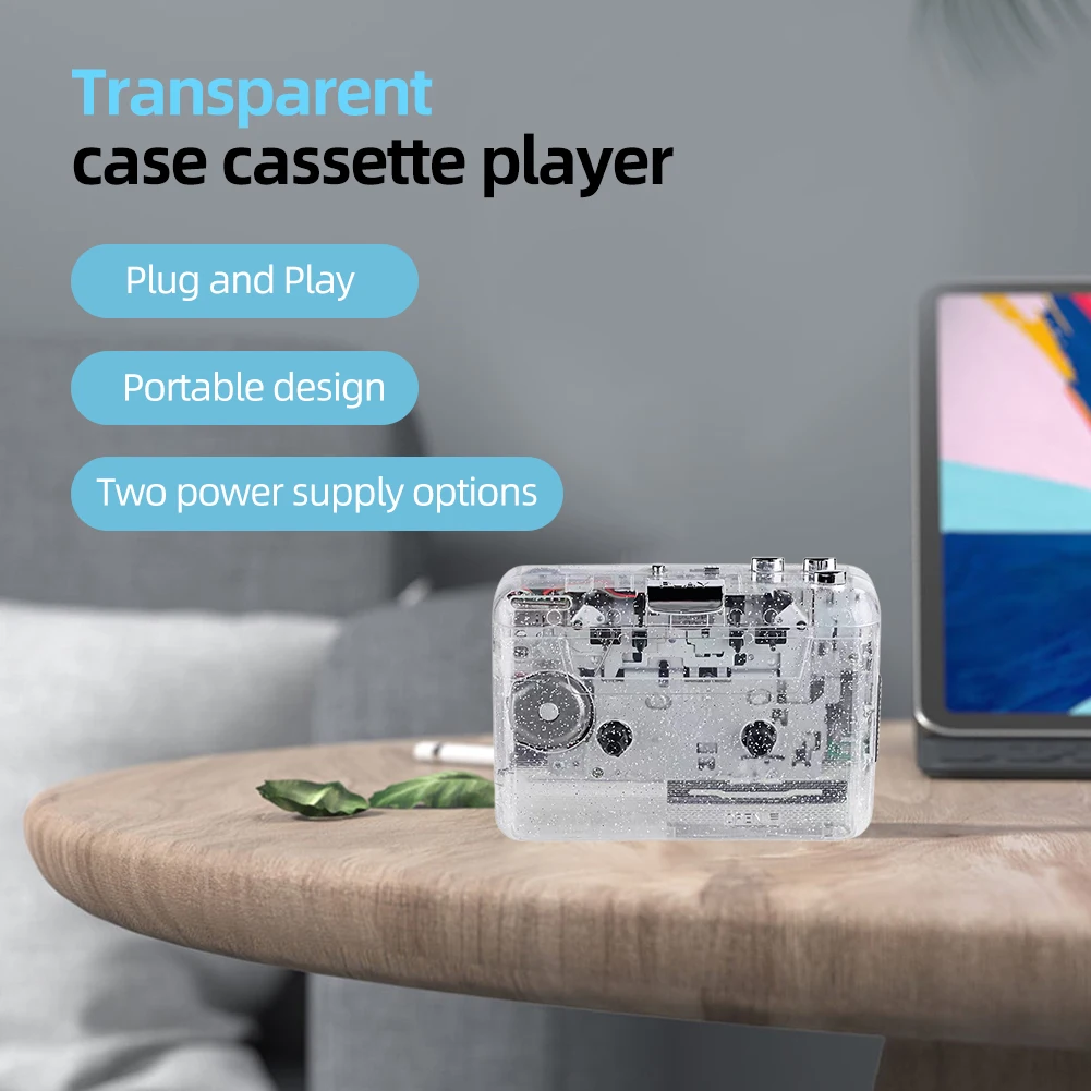 Cassette Player Full Transparent Shell English Listening Tape Player Plug and Play Tape Signal Converter USB Type-C for Study