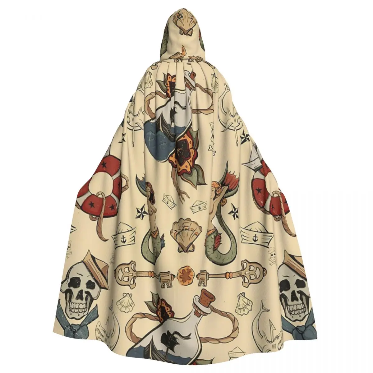 

Sea Tattoo Repeating Pattern Hooded Cloak Halloween Party Cosplay Woman Men Adult Long Witchcraft Robe Hood