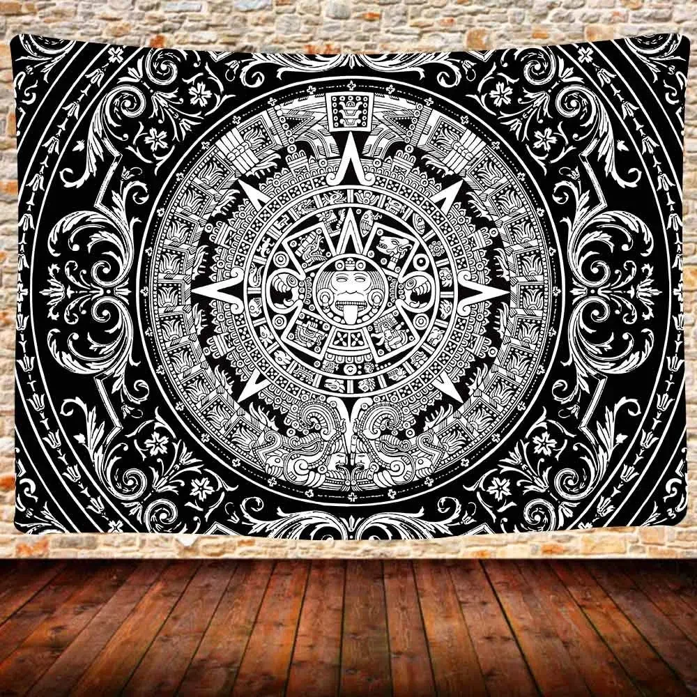 Aztec Calendar Tapestry Black and White Vintage Mayan Sign Ancient Words Wall Hanging for Bedroom Living Room Dorm Home Decor tapestry decor