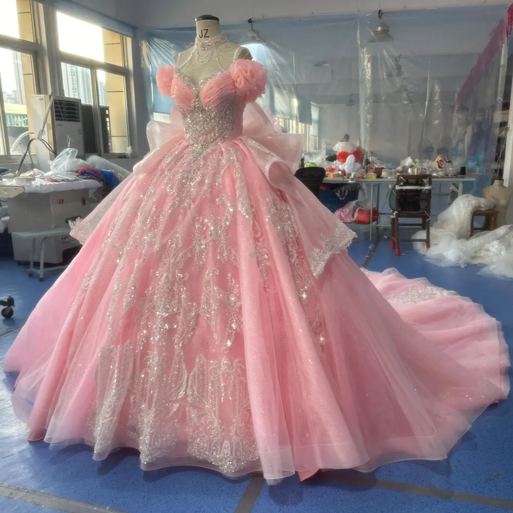 Gorgeous Pink Wedding Dresses Long Train Formal Short Sleeves Beading  Bridal Gowns Bow Back Custom Made vestidos novias boda - AliExpress 320
