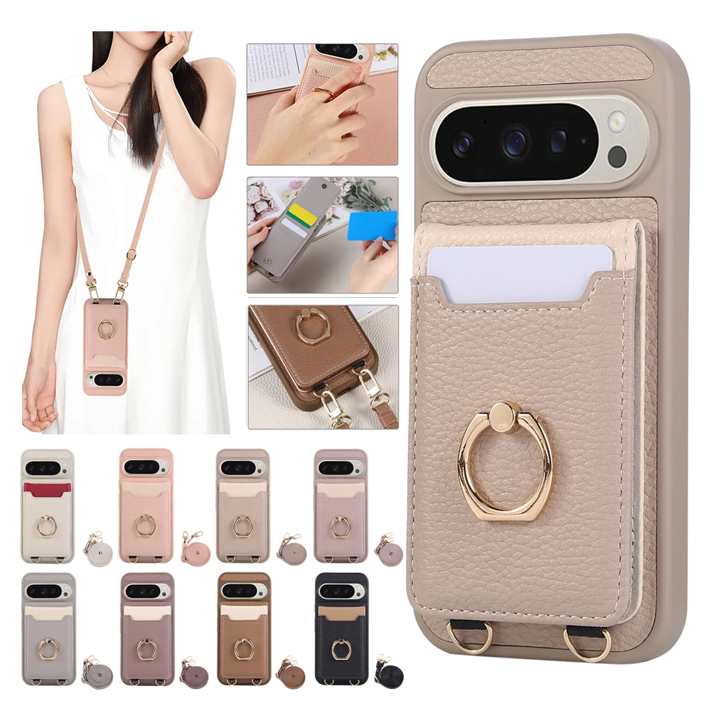 Premium Crossbody Leather Phone Case with Ring Bracket, Card Holder, and Lanyard Strap