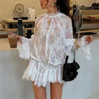 Hirigin femmes dentelle robe transparente Sexy voir à travers maille à manches longues col haut Floral couvrir Cocktail fête Mini robes 1
