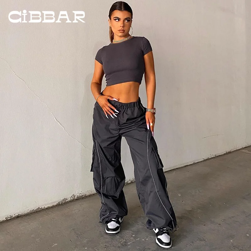 

Спортивные мешковатые брюки CIBBAR с низкой талией, повседневные Лоскутные Брюки-Карго с карманами на шнурке, женские модные серые спортивные штаны для бега